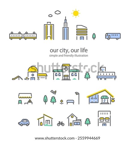 City building set Icon style line drawing illustration set