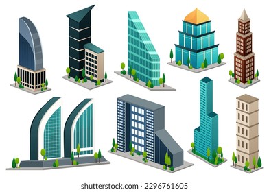 City building set. This is a set of flat, cartoon-style designs featuring various city buildings, including skyscrapers, shops, houses, and apartment buildings. Vector illustration.