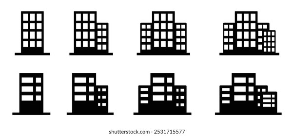 City building silhouette element set. Building flat icons isolated set. House and building isolated black and white color. Flat style. Vector illustration.