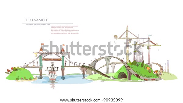 city, building site, \
river and bridges