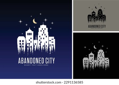 City Building Skyline at night with Pine Evergreen Fir Forest Tree Silhouette illustration logo design