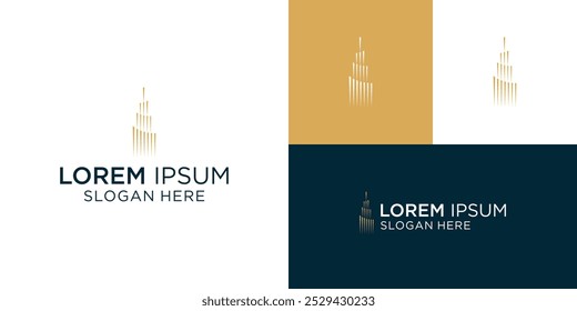 City building or skyscraper logo in the form of abstract design with luxury gold color in dark background