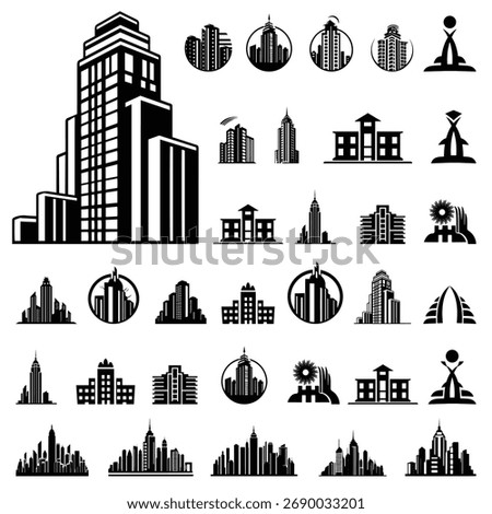 City Building Skyscraper Silhouette Vector Set