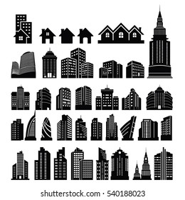 City Building Skyscraper Tower Architectural Silhouette Icon Set