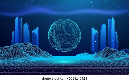 Construção de cidade tecnologia de fundo inteligente negócio de dados abstratos de linha futura. Luzes Skyline Network Concept Blue Vetor Office Arquitetura 3D. Indústria Inovação Paisagem Futurista Neon Cyber.