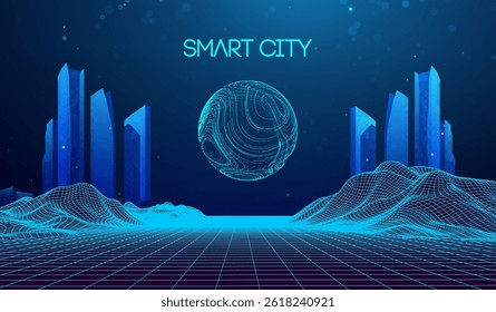 City building smart tech future line background light business network. Abstract data skyline concept blue vector link cyber neon office. Innovation internet world 3d graphic ai architecture landscape