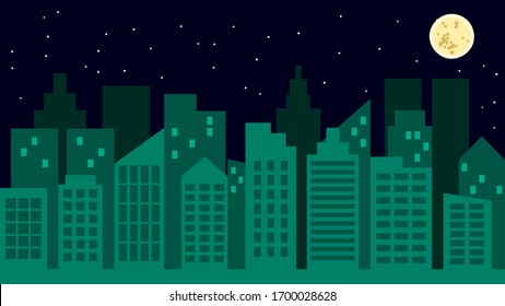 city building and starry night sky with full moon