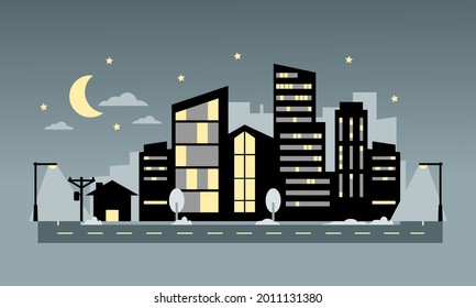City building with street light on road with moon and stars in night time flat vector. 
