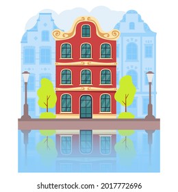 City building summer Amsterdam.River canal.Vector flat illustration.