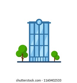 City building with trees. Facade of modern office. Glass skyscraper. Isolated vector illustration on white background. Urban concept in flat style.