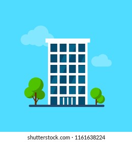 City building with trees. Facade of modern office. Skyscraper vector illustration on sky background. Urban concept in flat style.