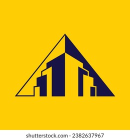 CONSTRUCCIÓN DE LA CIUDAD VECTOR DE LOGOTIPO TRIANGLE EN AZUL Y AMARILLO CON FONDO AMARILLO