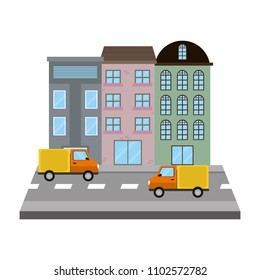 city building and trucks transport in the street