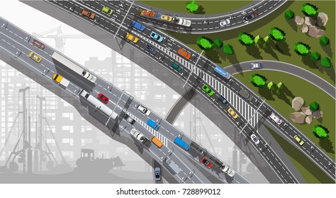 City building under construction and top view expressway with cars