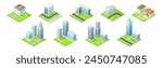 City Building and Urban Construction on Square Grass Vector Set