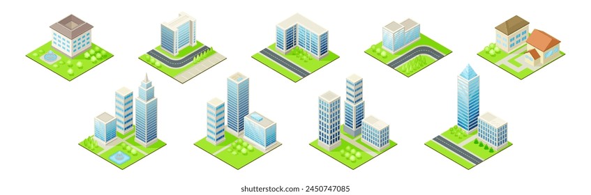 Stadtgebäude und Urbane Konstruktion auf quadratischem Gras Vektorgrafik Set