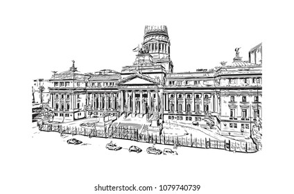 City building view with street of Buenos Aires Capital of Argentina. Hand drawn sketch illustration in vector.