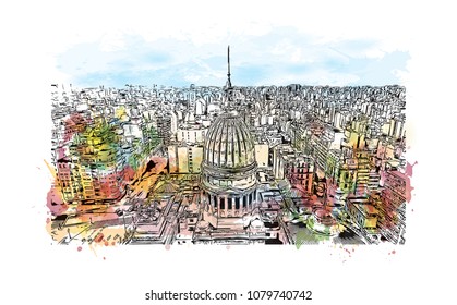 City building view with street of Buenos Aires Capital of Argentina. Water Cooler splash with Hand drawn sketch illustration in vector.