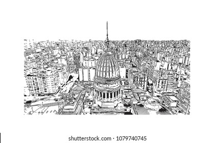 City building view with street of Buenos Aires Capital of Argentina. Hand drawn sketch illustration in vector.