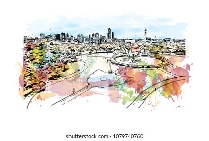 City building view with street of Buenos Aires Capital of Argentina. Water Cooler splash with Hand drawn sketch illustration in vector.