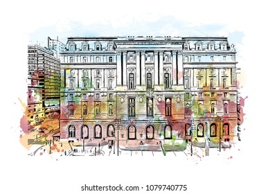 City building view with street of Buenos Aires Capital of Argentina. Water Cooler splash with Hand drawn sketch illustration in vector.