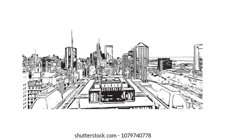 City building view with street of Buenos Aires Capital of Argentina. Hand drawn sketch illustration in vector.