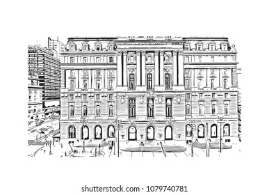 City building view with street of Buenos Aires Capital of Argentina. Hand drawn sketch illustration in vector.