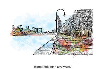 City building view with street of Buenos Aires Capital of Argentina. Water Cooler splash with Hand drawn sketch illustration in vector.