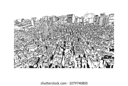 City building view with street of Buenos Aires Capital of Argentina. Hand drawn sketch illustration in vector.