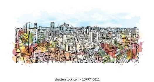 City building view with street of Buenos Aires Capital of Argentina. Water Cooler splash with Hand drawn sketch illustration in vector.