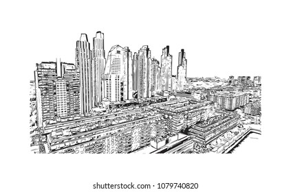 City building view with street of Buenos Aires Capital of Argentina. Hand drawn sketch illustration in vector.