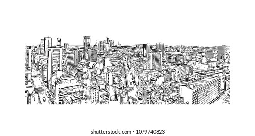 City building view with street of Buenos Aires Capital of Argentina. Hand drawn sketch illustration in vector.