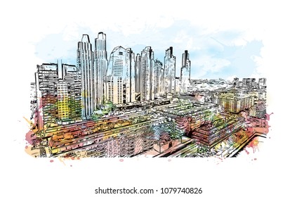 City building view with street of Buenos Aires Capital of Argentina. Water Cooler splash with Hand drawn sketch illustration in vector.