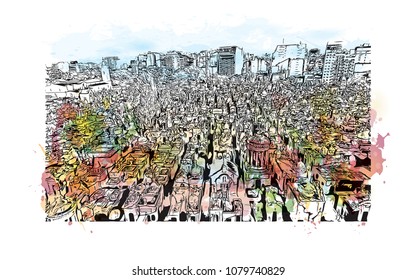 City building view with street of Buenos Aires Capital of Argentina. Water Cooler splash with Hand drawn sketch illustration in vector.