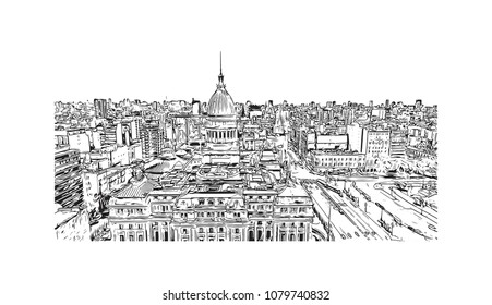 City building view with street of Buenos Aires Capital of Argentina. Hand drawn sketch illustration in vector.