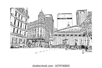 City building view with street of Buenos Aires Capital of Argentina. Hand drawn sketch illustration in vector.