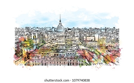 City building view with street of Buenos Aires Capital of Argentina. Water Cooler splash with Hand drawn sketch illustration in vector.