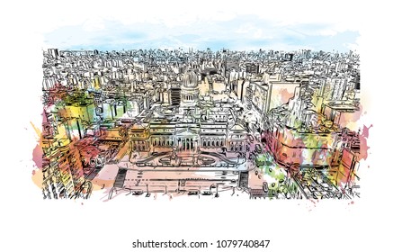 City building view with street of Buenos Aires Capital of Argentina. Water Cooler splash with Hand drawn sketch illustration in vector.