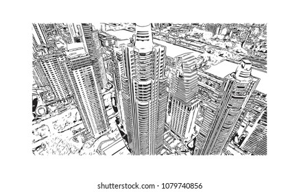 City building view with street of Buenos Aires Capital of Argentina. Hand drawn sketch illustration in vector.