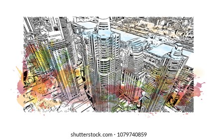 City building view with street of Buenos Aires Capital of Argentina. Water Cooler splash with Hand drawn sketch illustration in vector.