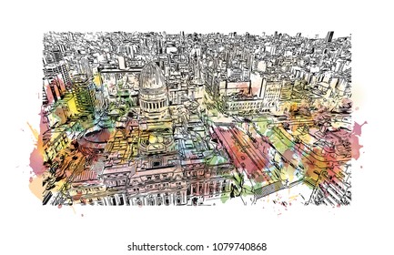 City building view with street of Buenos Aires Capital of Argentina. Water Cooler splash with Hand drawn sketch illustration in vector.