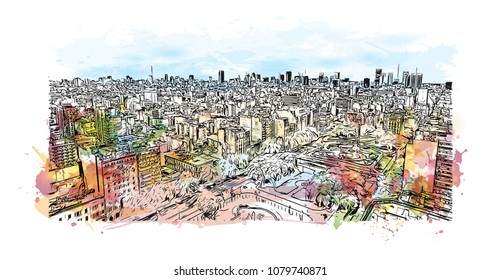 City building view with street of Buenos Aires Capital of Argentina. Water Cooler splash with Hand drawn sketch illustration in vector.