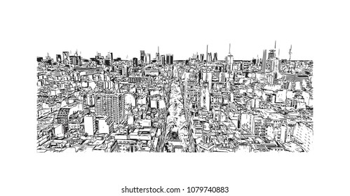 City building view with street of Buenos Aires Capital of Argentina. Hand drawn sketch illustration in vector.