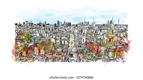 City building view with street of Buenos Aires Capital of Argentina. Water Cooler splash with Hand drawn sketch illustration in vector.