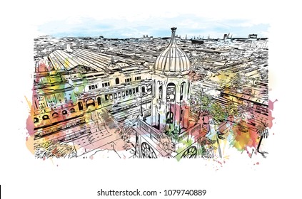 City building view with street of Buenos Aires Capital of Argentina. Water Cooler splash with Hand drawn sketch illustration in vector.