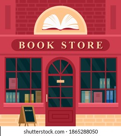 City building vintage book store facade vector illustration. Cartoon house exterior with entrance book shop, front view and signboard of bookstore background.