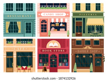 City building vintage facade vector illustration set. Cartoon house exterior with entrance collection, front view and signboard of restaurant candy store pizzeria cafe bookstore barbershop background