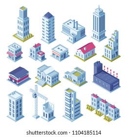 City buildings 3d isometric projection for map. Gray houses, manufactured area, storage, garage, shop factory market building streets and skyscraper building architecture isolated vector illustration