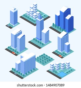 City buildings 3d isometric projection for map. 3d city map elements. Vector illustration.