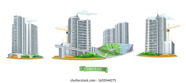 City. Buildings 3d vector icon set